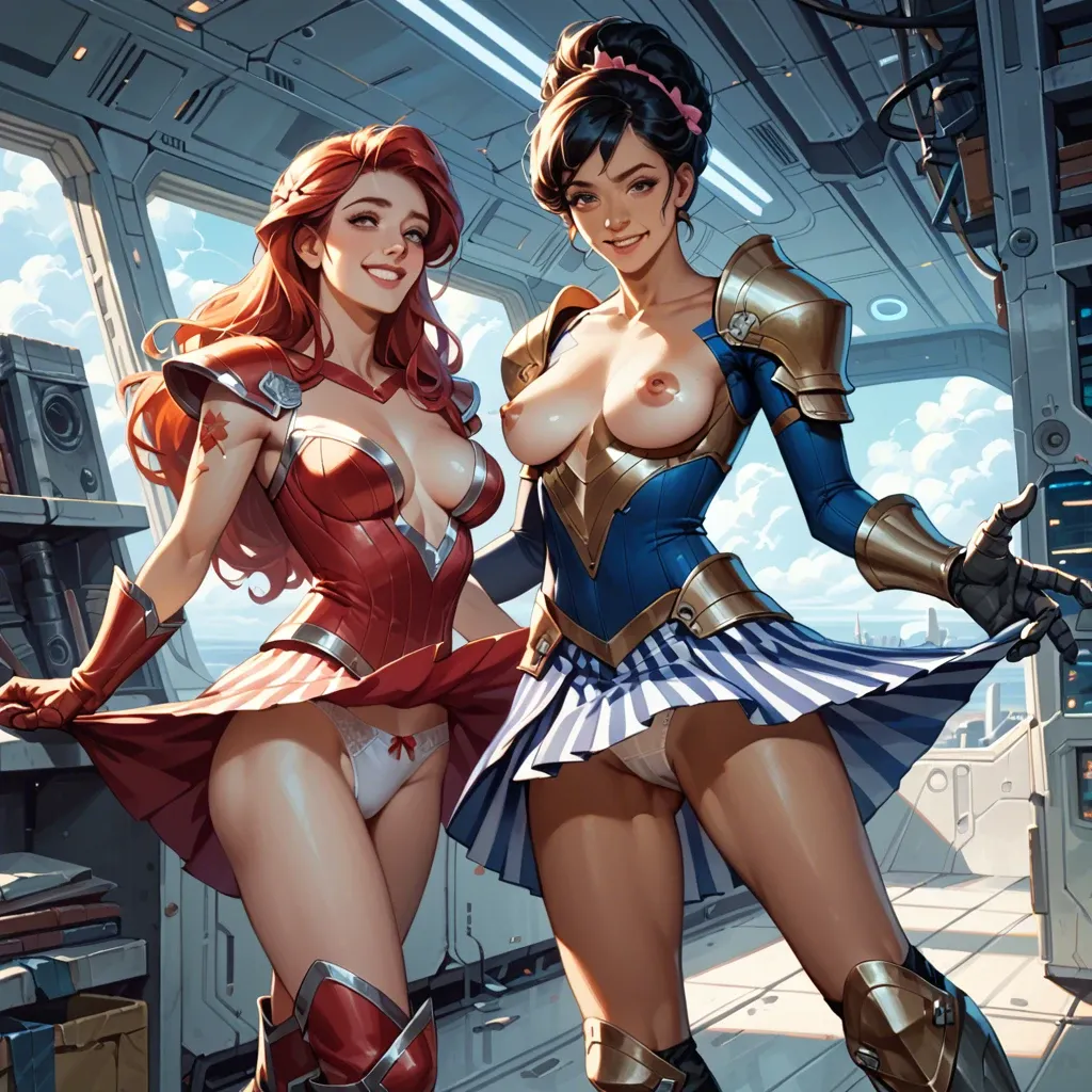 2girl, , , , dashed eyes,warm smile,round boobs,adorable face,shoulder tattoo, skirt lift,striped skirt,white panties,no bra,armored boots, gymnast, blake, spaceship, shelf, detailed hands, dark skin, ariel waifu