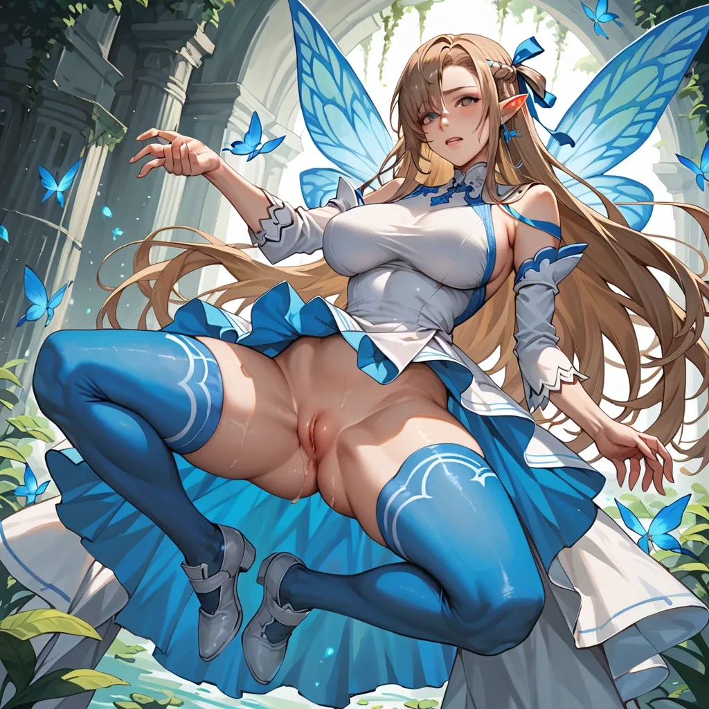 1girl, asuna, sao-alo, blue eyes, blue hair, pointy ears, blue dress, white dress, detached sleeves, fairy, two-tone dress, pleated dress, white footwear, blue thighhighs, pussy, large breasts out, cum in pussy, cumdrip, cum pool, bukkake, cum on clothes, cum on hair, cum on body, cum on legs, cum on breasts, cum, cum in mouth, cum on tongue, excessive cum, cum on face