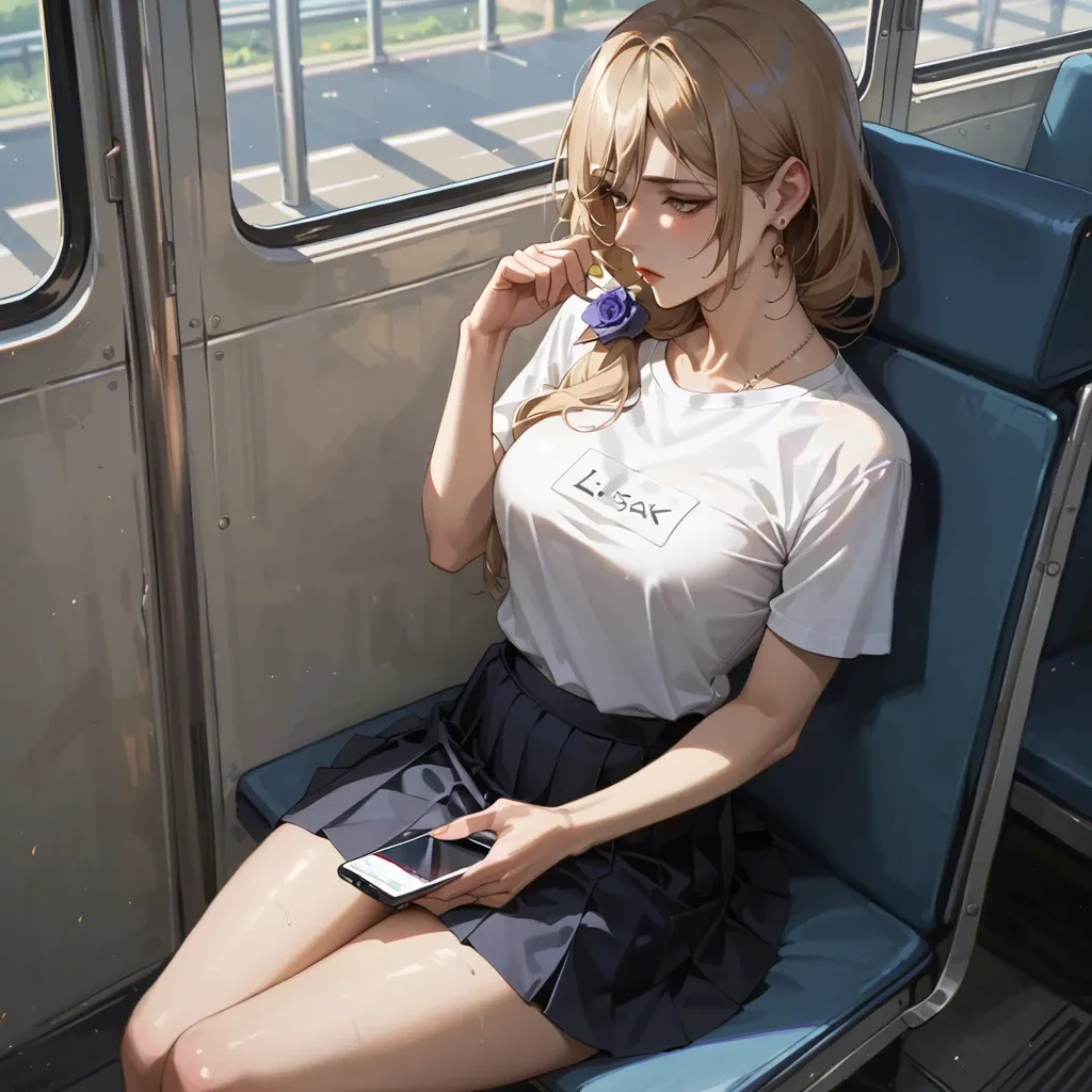 naked Lisa from Genshin Impact, in a black tight T-shirt, black school skirt, sitting on the bus, looking at the phone, deep neckline, top view of the neckline