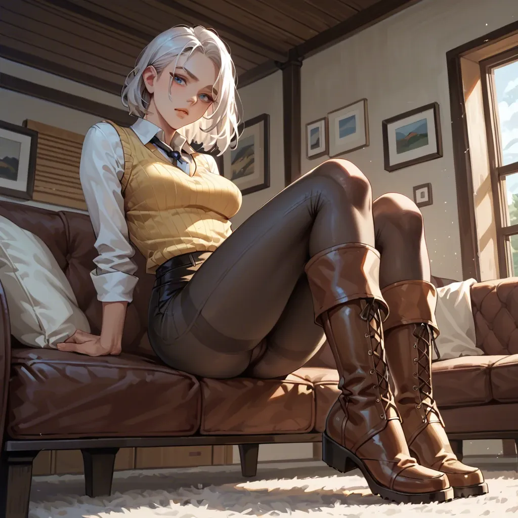 petite woman sitting on couch and stretching her knee boots to viewer,brown farm knee boots,looking down at viewer, beautiful very detailed blue eyes,hort white hair,dark yellow sweater with tight vest on top,tight office pants,thick hips and ass,full body,(high quality),(very detailed anime art style)(from below shot),(very detailed face)