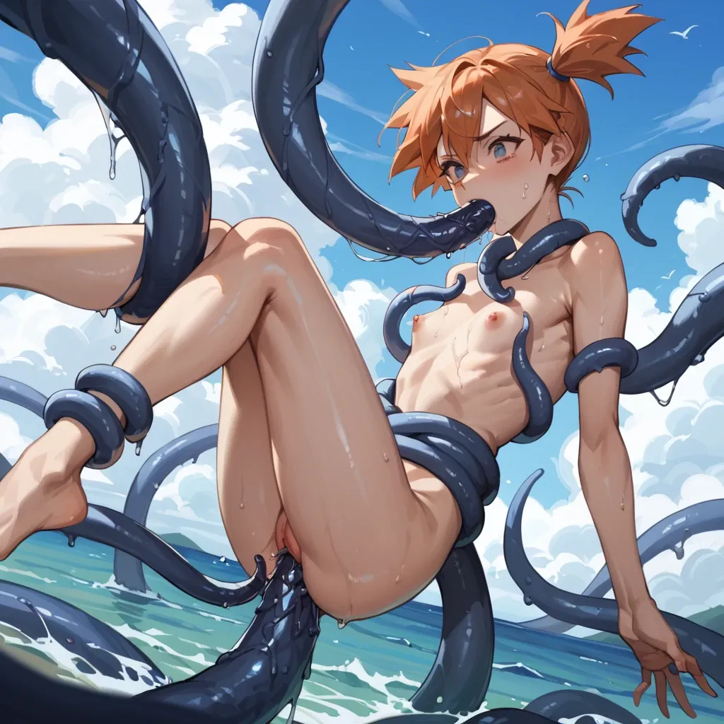 Anime style, Misty from Pokémon, flat chest, skinny, slim hips, ocean, lifted into air by ((blue tentacles,)) arms wrapped in tentacles, legs wrapped in tentacles, tentacles around waist, tentacles around neck, tentacle deepthroat, tentacle vaginal penetration, tentacle anal penetration, Tentacruel Pokémon