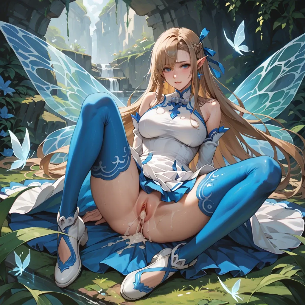 1girl, asuna, sao-alo, blue eyes, blue hair, pointy ears, blue dress, white dress, detached sleeves, fairy, two-tone dress, pleated dress, white footwear, blue thighhighs, cum in pussy, cumdrip, cum pool, (bukkake, cum on clothes, cum on hair, cum on body, cum on legs, cum on breasts, cum, cum in mouth, cum on tongue, excessive cum, cum on face, cum on thighhighs, cum on dress :2), uncensored