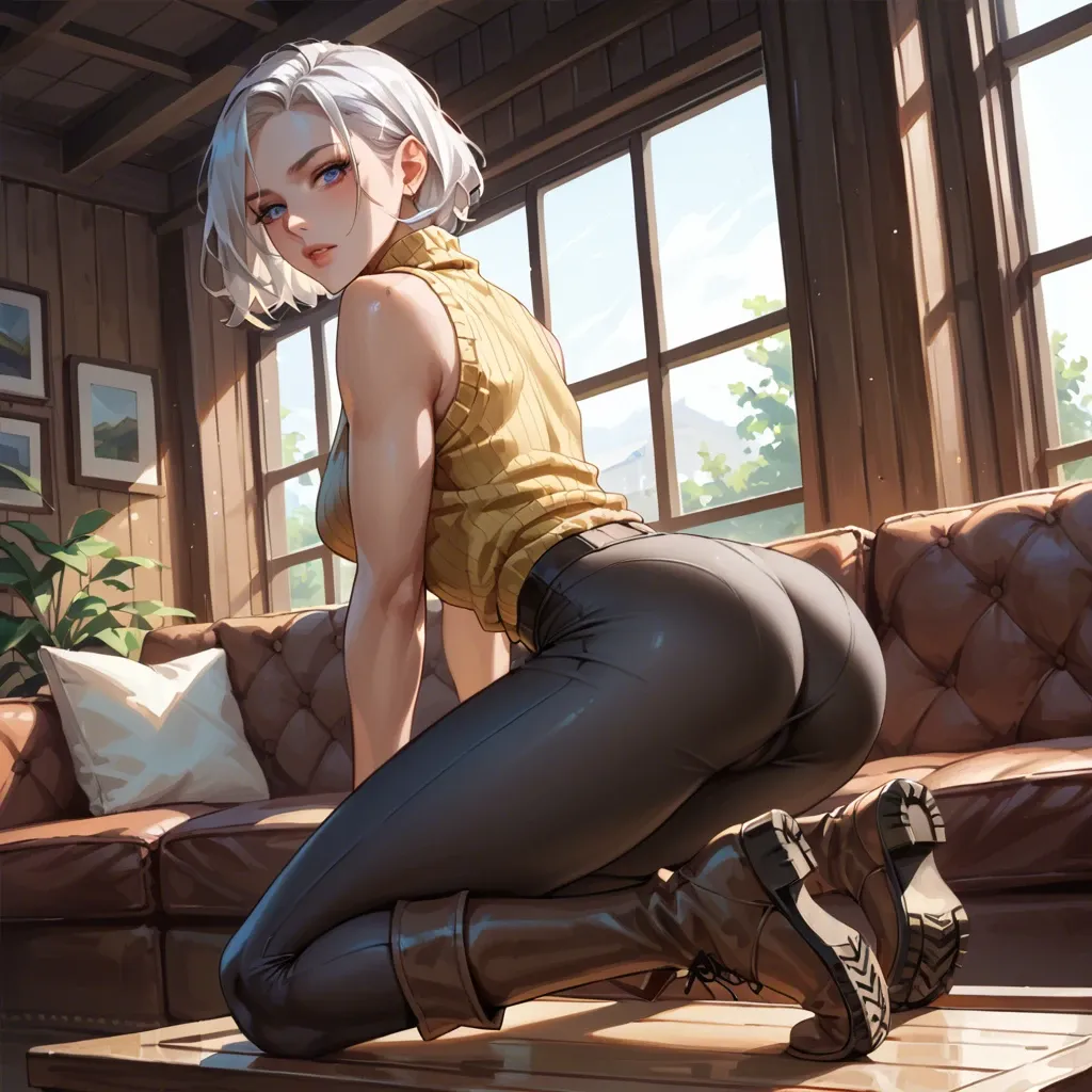 petite woman sitting on couch and stretching her knee boots to viewer,brown farm knee boots,looking down at viewer, beautiful very detailed blue eyes,hort white hair,dark yellow sweater with tight vest on top,tight office pants,thick hips and ass,full body,(high quality),(very detailed anime art style)(from below shot),(very detailed face)