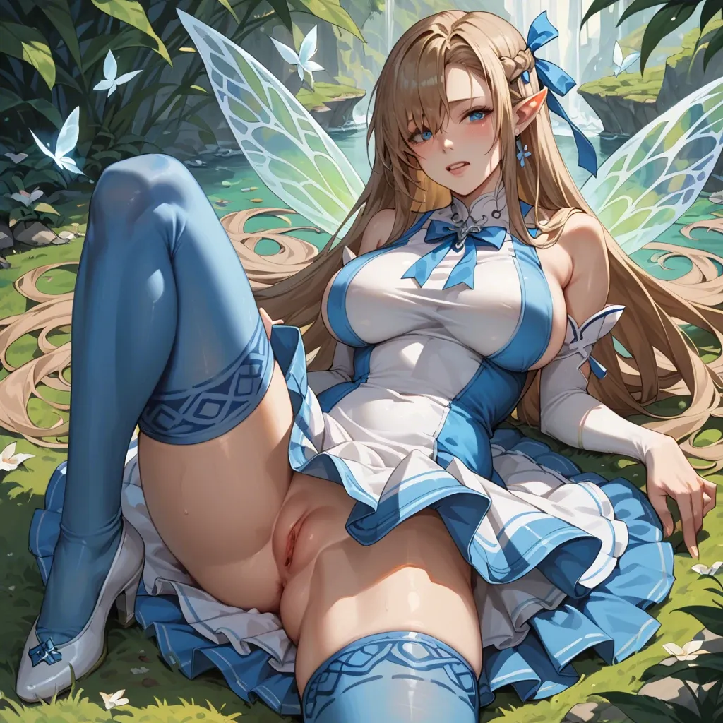 1girl, asuna, sao-alo, blue eyes, blue hair, pointy ears, blue dress, white dress, detached sleeves, fairy, two-tone dress, pleated dress, white footwear, blue thighhighs, pussy, large breasts out, cum in pussy, cumdrip, cum pool, (bukkake, cum on clothes, cum on hair, cum on body, cum on legs, cum on breasts, cum, cum in mouth, cum on tongue, excessive cum, cum on face:2)