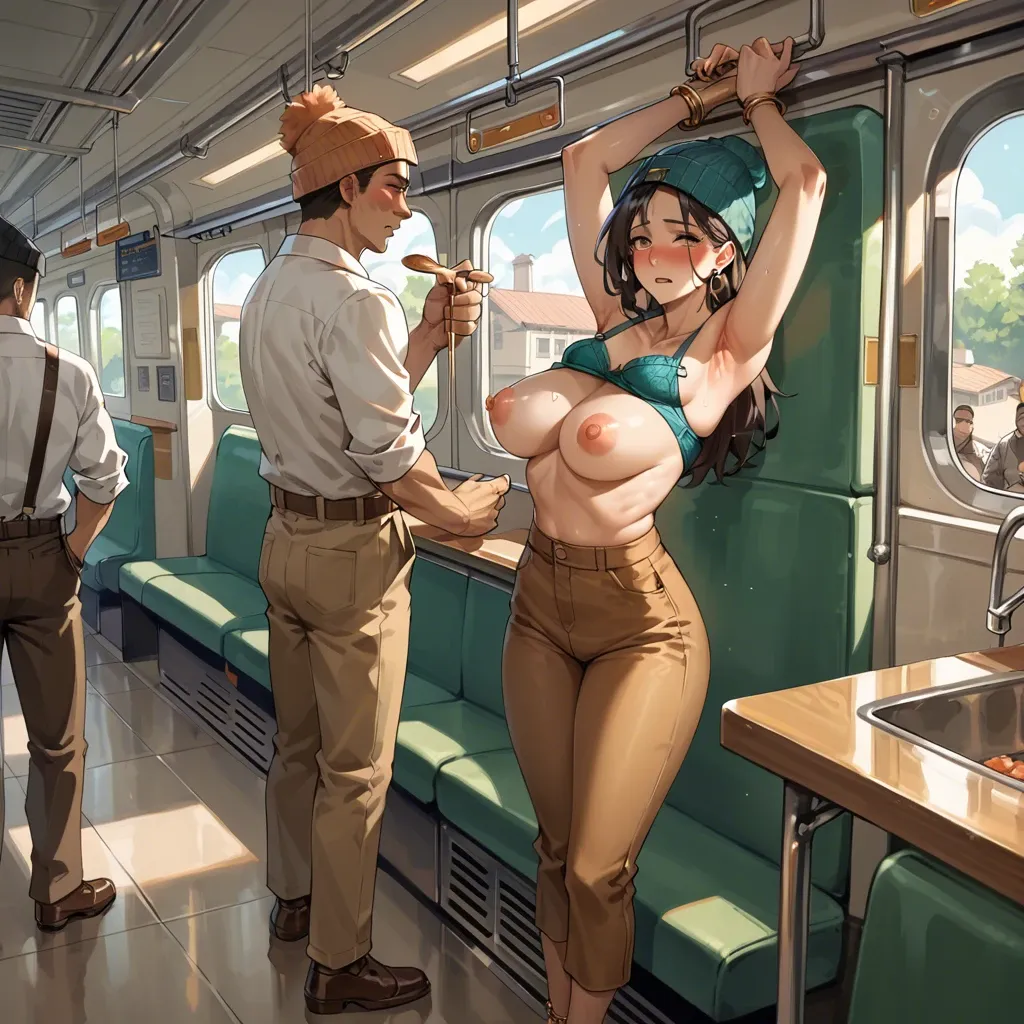 1girl,1boy, , , , nose blush,armpit fetish,thick nipples,low waisted,on elbows, brown pants,gold anklets,beanie,bra lift,high heels, kitchen, crowded train, medieval prison, robot body, rich detailed, dark skinned, spider-gwen, ariel waifu