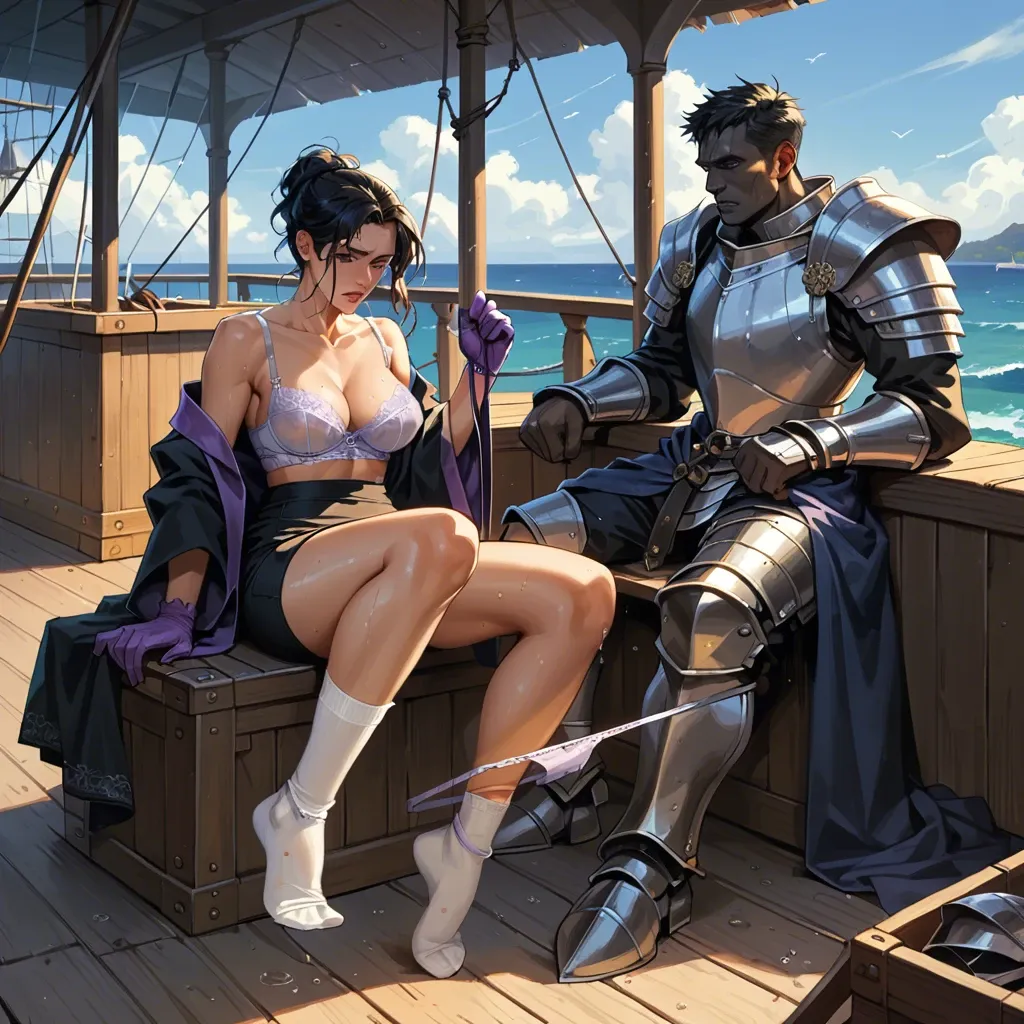 1girl,1boy, , , , black eyes,hands tied,perky breast,ship deck,black skin, robe,lace,purple gloves,wet panties,no shoes, pencil skirt,socks,panties down,wet bra,armored boots, oozora subaru, new york city, cyberpunk, close camera, phone, mario and luigi, wonder woman, dynamics