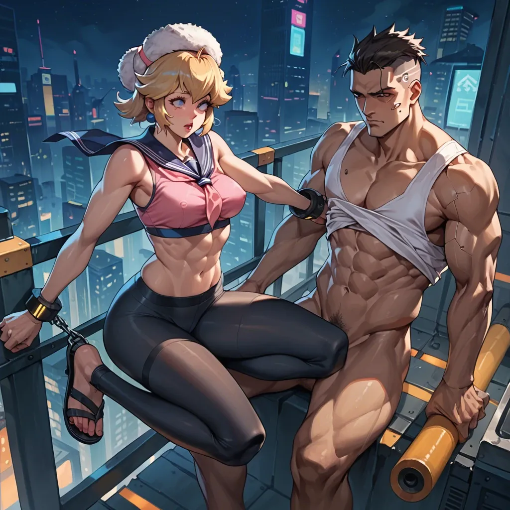 2girl, , , , rosy cheeks,warm,medium breasts,broad and abs,natural skin, no pants,tights,fur hat,sports bra,sandals, male restrained, cyberpunk, sailor collar, robot girl, source anime, night, princess peach, ariel, ariel waifu