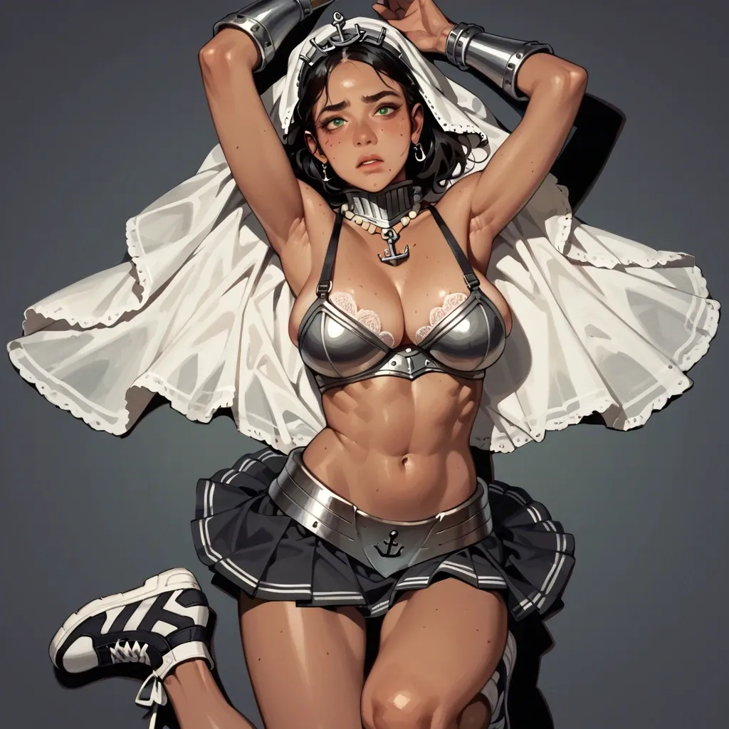 1girl,solo, , , , freckled face,arms up,cleavage,bare navel,skin, green eye color,armored,saggy breasts,on back,dark skin man, costume,anchor necklace,veil,mini skirt bra,black sneakers, shirtless,white stockings,sailor hat,black lace bra,stiletto heels, red dress,sexy stockings,black gloves,wet bikini,heels, bedroom, spaceship, phone exposure, candid camera, lara croft, rapunzel, waifu