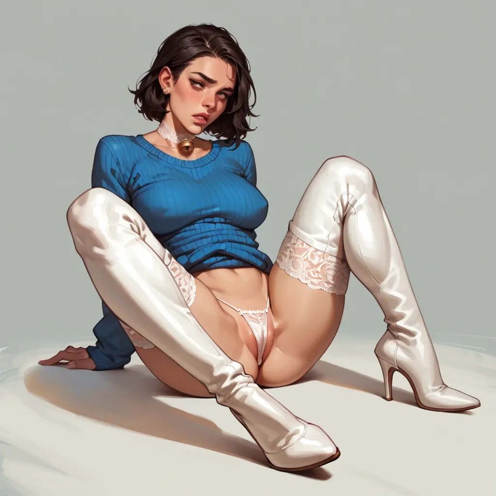 1girl,solo, , , , cheek bulge,knees up,perky boobs,respectable,pink scaly skin, sweater lift,socks,bell choker,panties,heels, blue shirt,white lace,lace choker,micro thong,thigh boots, gymnast, depth of field, cyberpunk, throne room, cyborg, painted, backlit, princess zelda, spider-gwen, waifu