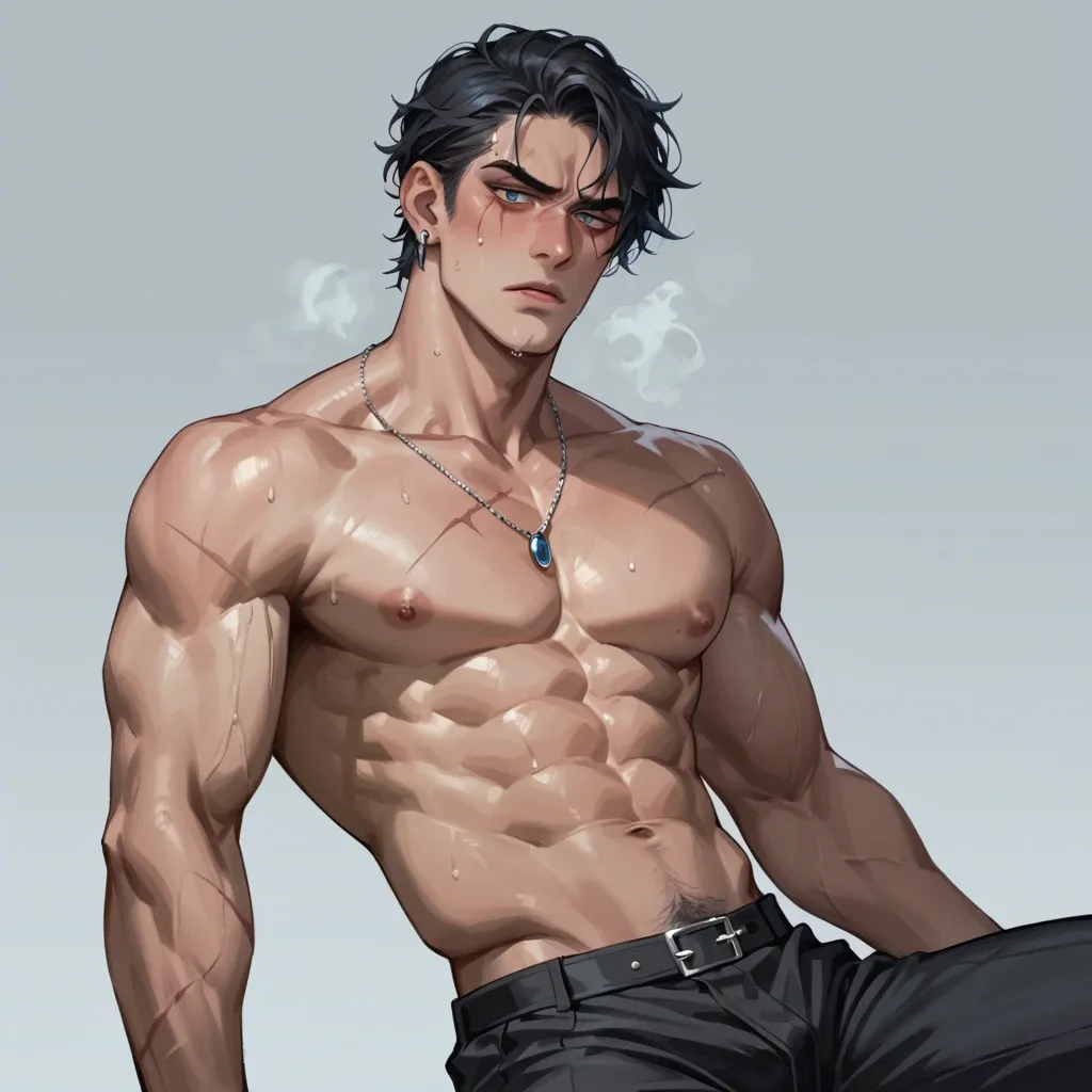 A mafia boss, in black pant , shirtless, cold blue piercing eyes, black hair, scarred face