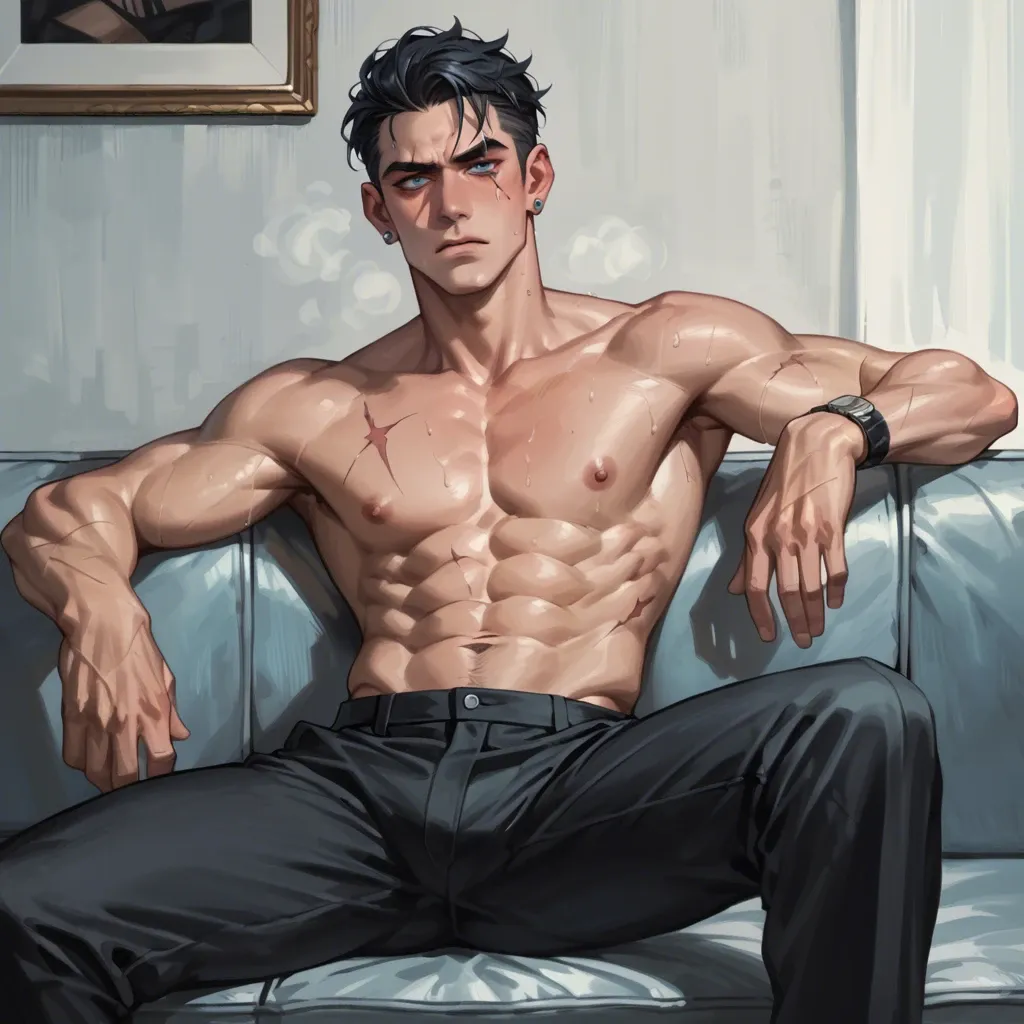 A mafia boss, in black pant , shirtless, cold blue piercing eyes, black hair, scarred face , sitting on the couch