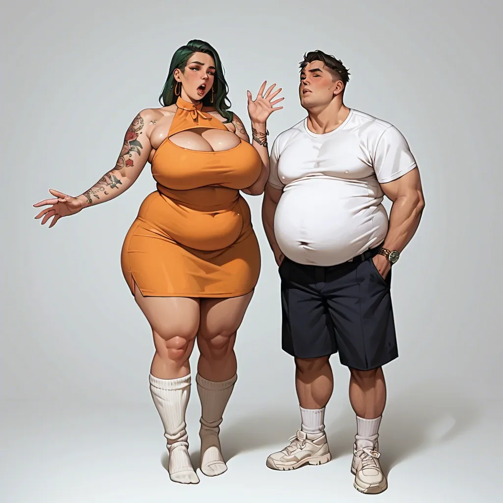 1girl,1boy, , , , cheeks,fat obese arms,huge breasts,round boobs,fat neck, reaching back,arms tattooed,cleavage cutout,slim waist,free shoulders, orange sundress,baggy socks,dangly earrings,green swimsuit,thigh boots, bathroom, ocean, spaceship, on a leash, spider-gwen