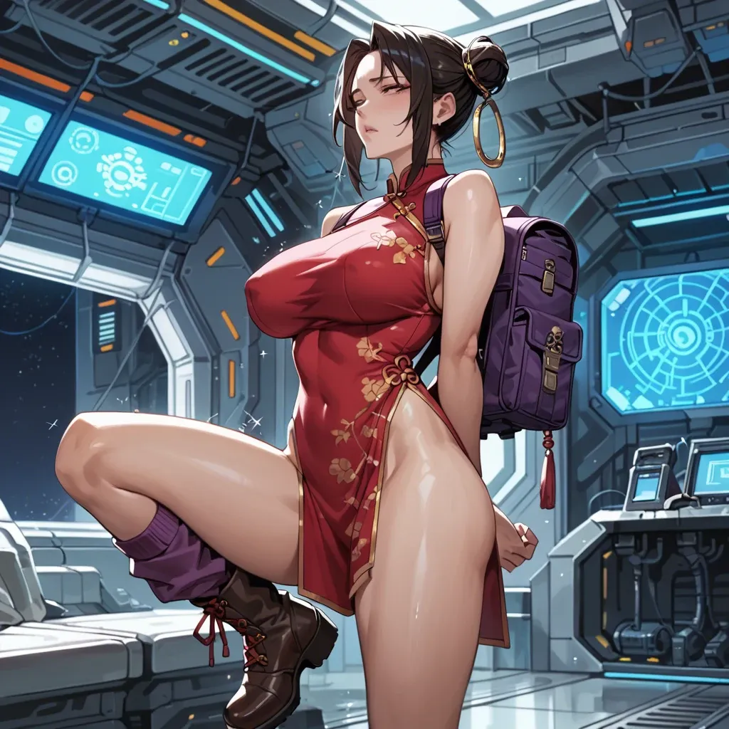 1girl,solo, , , , narrowed eyes,arms behind back,large breast,purple backpack,shoulders, china dress,leg warmers,metal rings,maroon bodysuit,brown boots, bedroom eyes, sparkles, spaceship, anime screencap, bright day, tifa, spider-gwen, sailor moon