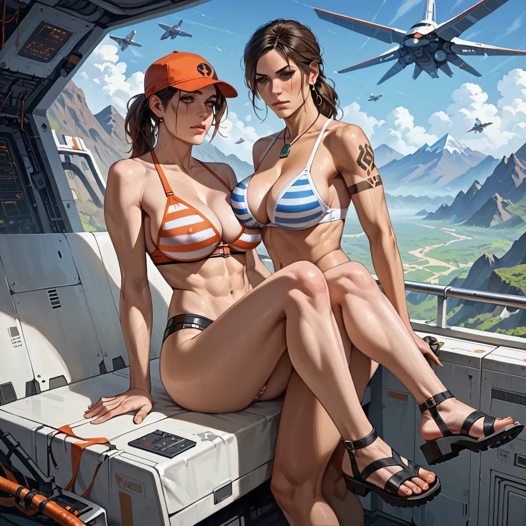 2girl, , , , closed mouth,fit legs,perky tits,large breast,shoulder tattoo, cow costume,striped bikini,sports cap,white bra,strappy sandals, bedroom eyes, mountain, spaceship, robot, girl lara croft, anna, ariel waifu