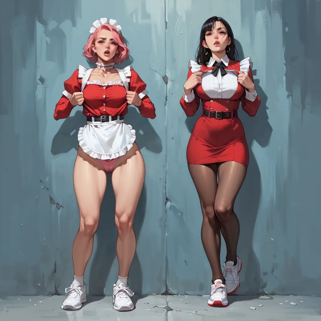 2girl, , , , cheek bulge,two-handed,big tits,large hips,skin pores, red dress,laces,belt,frilled panties,white sneakers, pulling shirt,pantyhose,lace choker,pink panties,sneakers, maid dress,elf palace,laurel crown,lace lingerie,gothic boots, office boy, battlefield, spaceship, leather bondage, linked, wonder woman