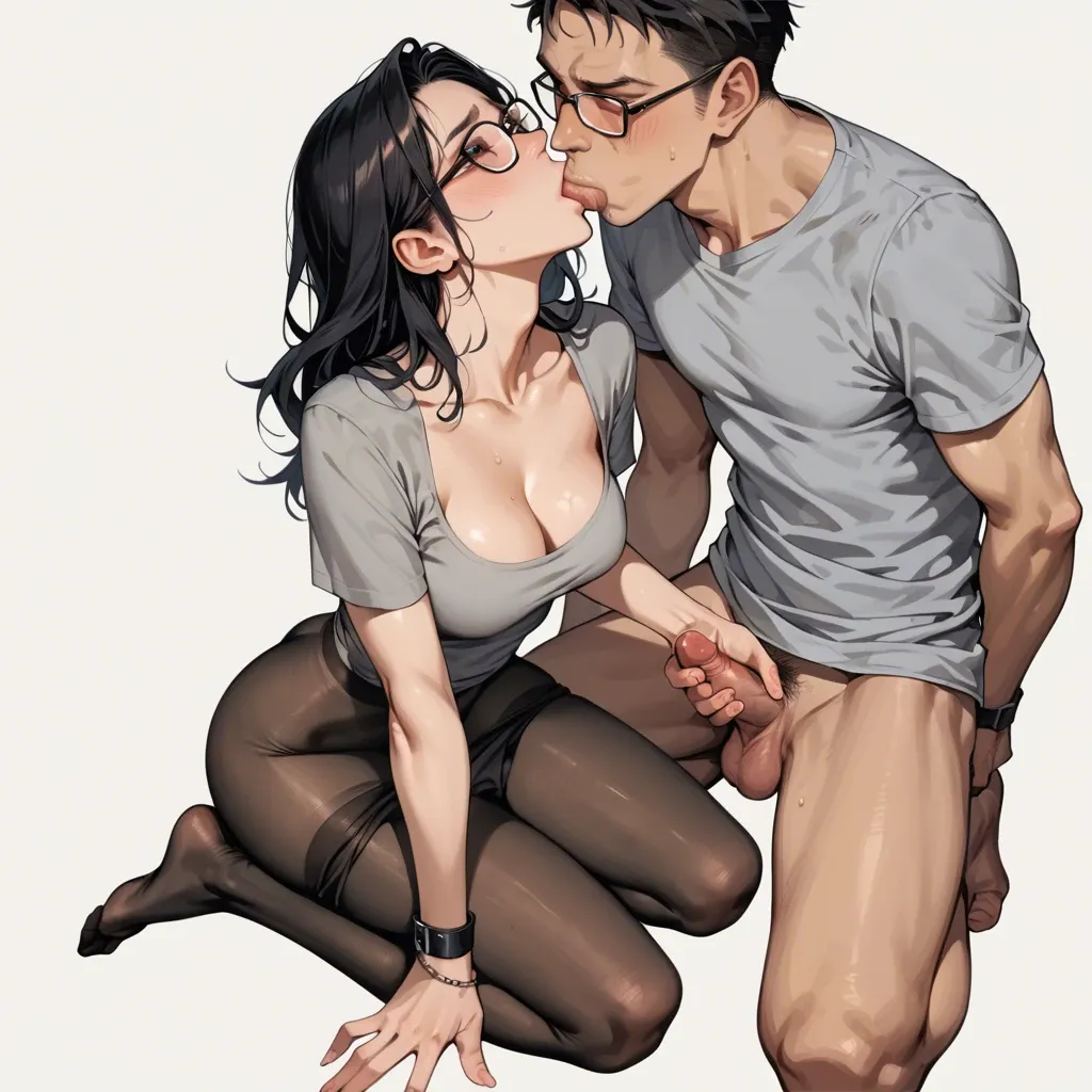 1girl,1boy, , , , bubble in nose,kneeling,cleavage cutout,medium chest,ankle, cute nose,blushing smug,medium boobs,pec sucking,wrist, gray t-shirt,pantyhose pull,glasses,black thong,platform heels, office man, city background, spaceship, robot girl