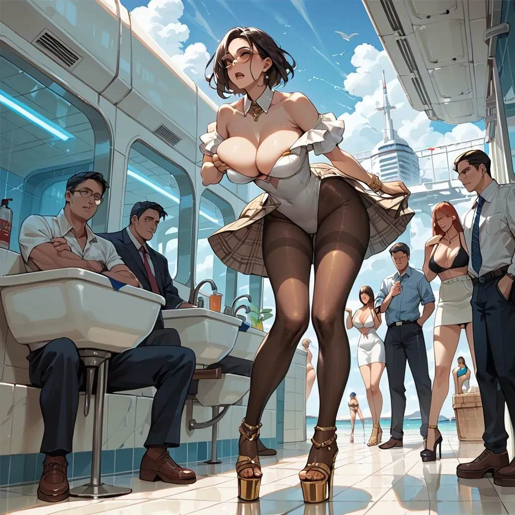 pinching,warm,big breast,pec squeeze,off-shoulder, plaid skirt,tights,round glasses,bikini,platform heels, white dress,gold anklets,detached collar,highleg leotard,knee boots, bathroom, crowded beach, spaceship, unworn gag, rich detailed, bright, futanari