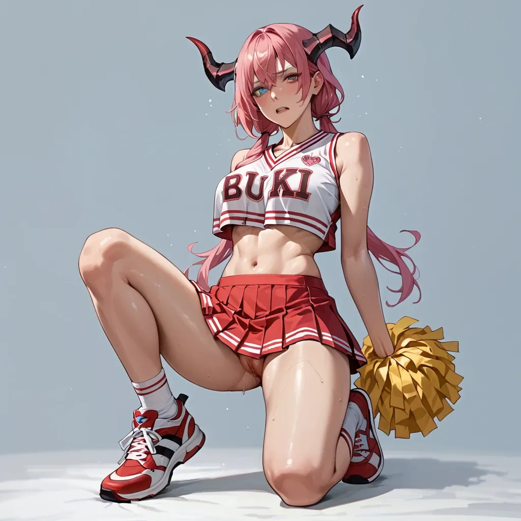 Anime demon girl low cut cheerleader uniform super long pink hair pigtails horns  heterochromia full body big axe skirt on