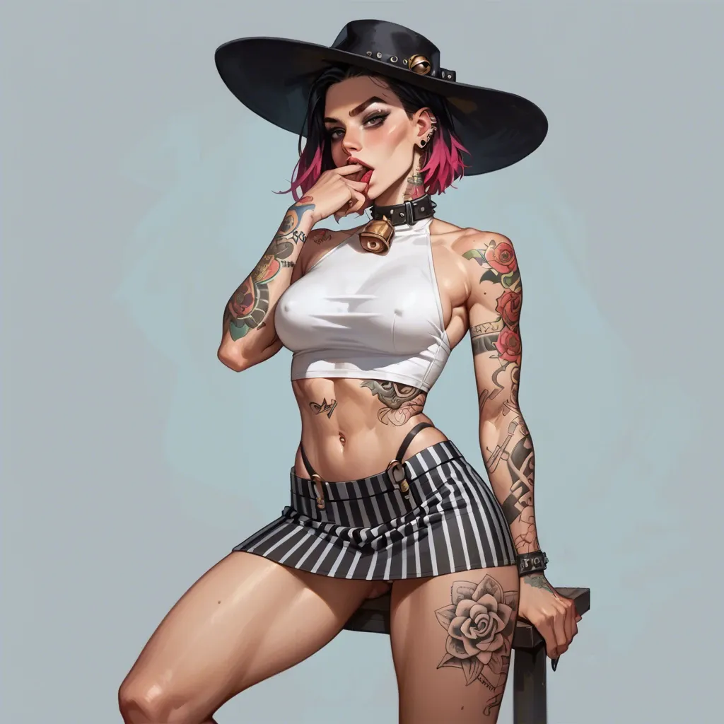 2girl, , , , hand in mouth,tattooed arms,perky big tits,microwaist,thin ankle, dimples,tattooed arms,perky boobs,sideboob,neck bell, micro skirt,striped skirt,black hat,highleg panties,stiletto heels, no skirt,baggy socks,hoop earrings,wet bikini,high heels, inside bedroom, crowded street, table, zelda sd, wonder woman, asuka