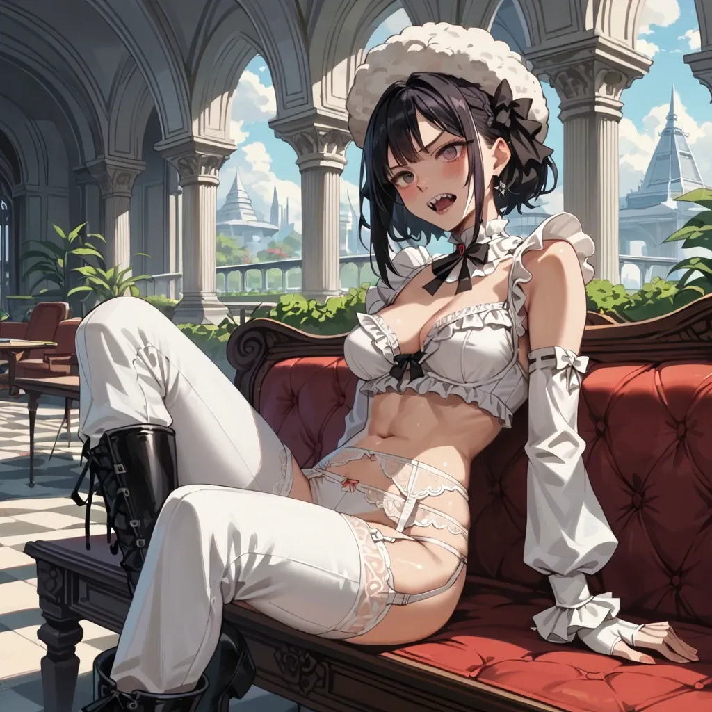 2girl, , , , sharp teeth,fingerless,pointy nipples,from waist up,blushing skin, white pants,garter belt,wool hat,frilled bra,gothic boots, couch, gardens, spaceship, sitting on desk, anime screencap, bright light, belle, waifu