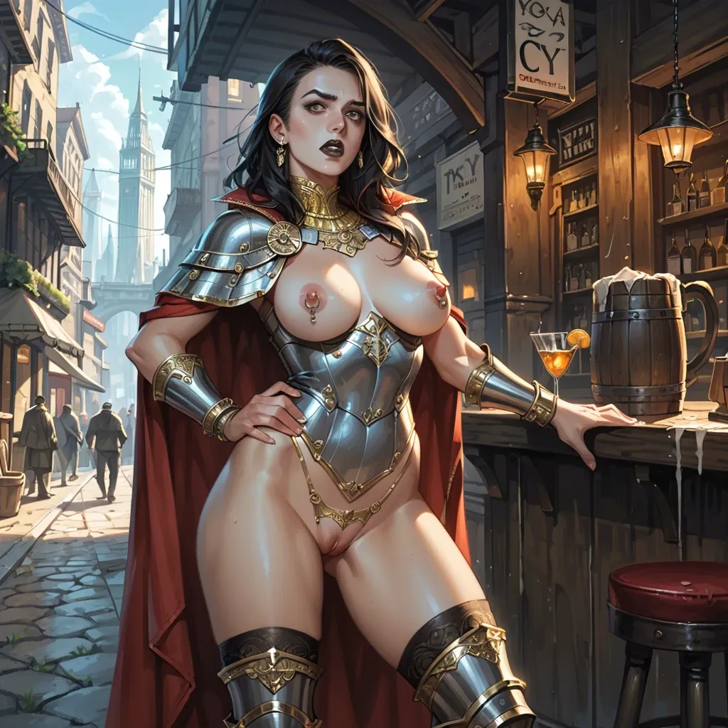 1girl,solo, , , , eyed,hand on panties,pierced nipples,hip,bare shoulder, blouse,gold anklets,capelet,leotard,armored boots, royal bedroom, new york city, tavern setting, detailed skins, dark lipstick, princess peach, anna, waifu