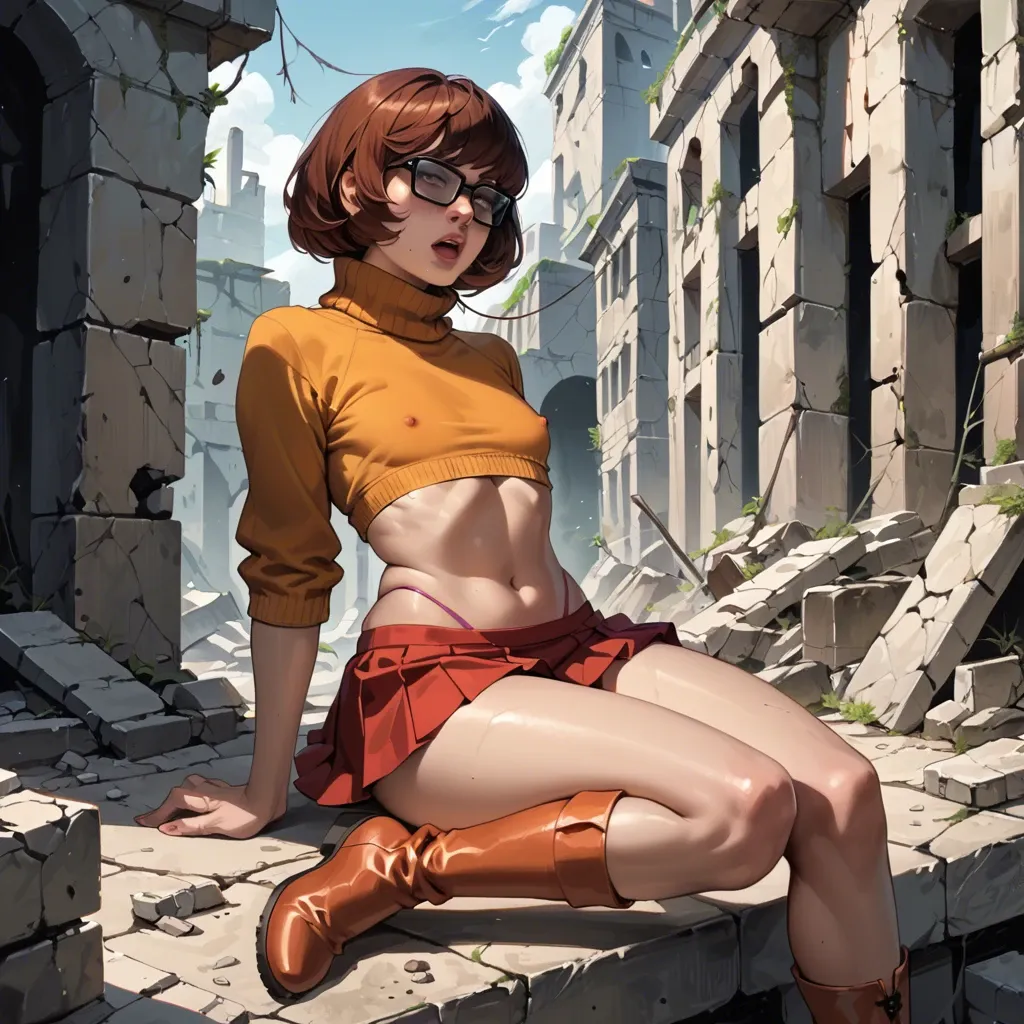 Flat chest velma dinkley,cropped blouse,mini skirt,string panties,kneeboots, strong makeup,ruins,