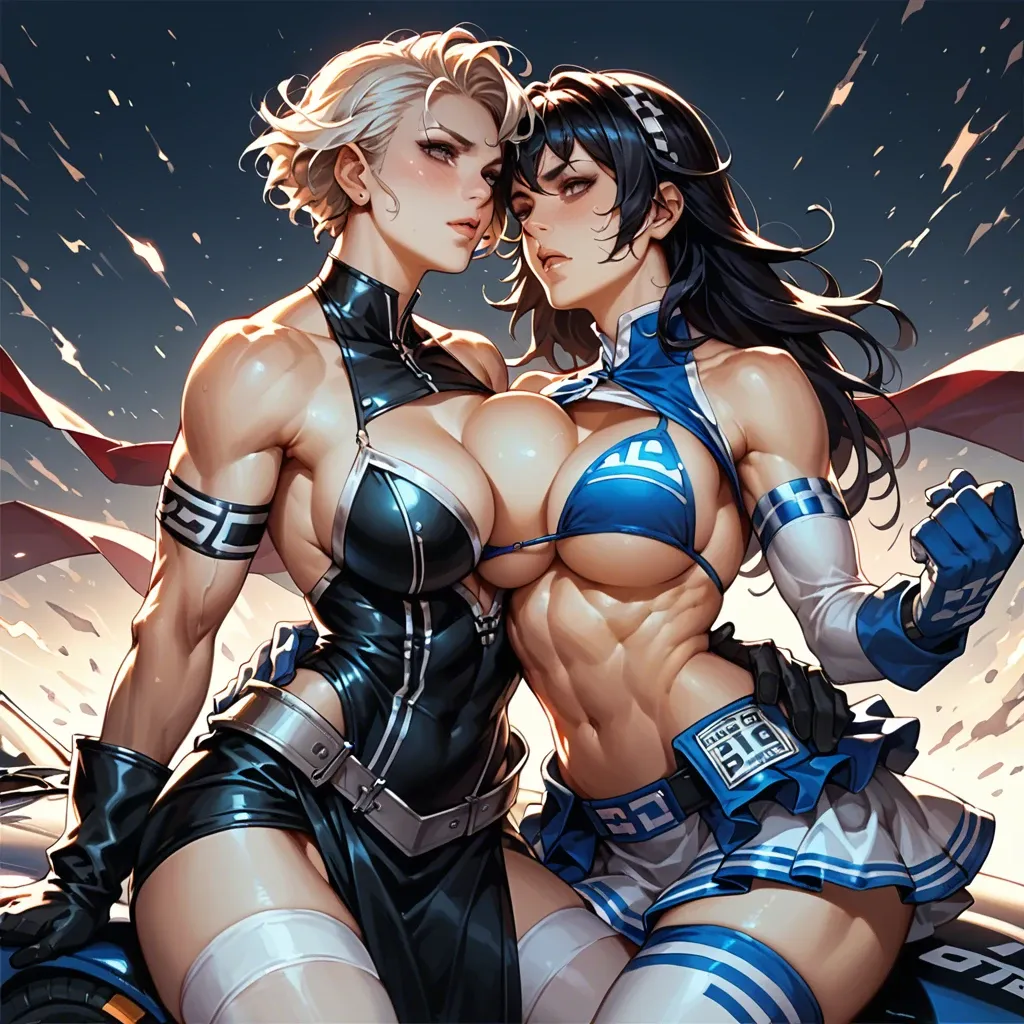 2girl, , , , cheeks,large biceps,perky boobs,backlit,shoulders, cheek,slender hands,large breast,backlit,sultan, dressed,white stockings,racing gloves,bikini top lift,gothic boots, glittery dress,laces,fishnet gloves,wet bra,platform heels, school uniform, mountains, medieval dress, anime style, golden hour, samus, moana