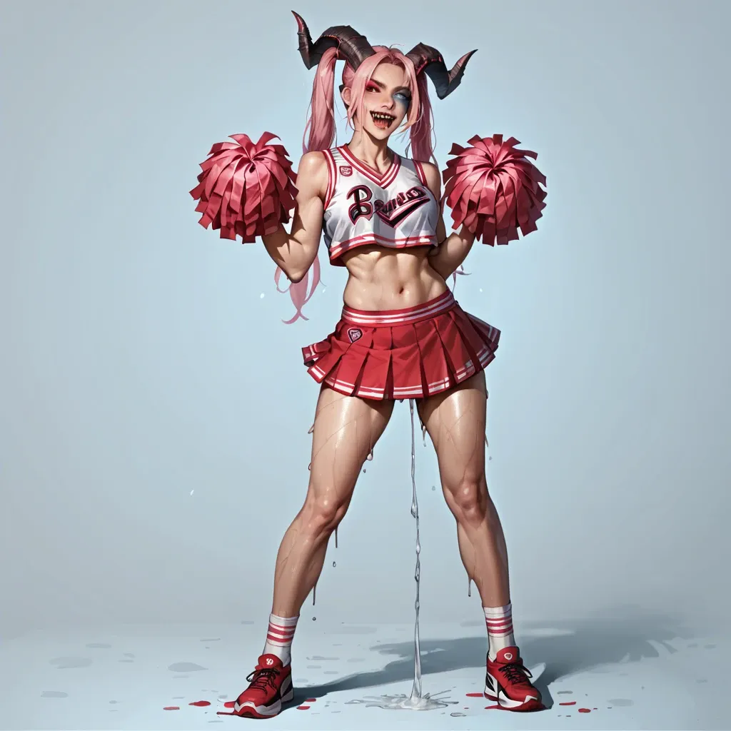 Realistic,demon girl ,wet cheerleader uniform ,super long pink pigtails , big horns, fangs , heterochromia ,standing , full body, skirt on , 2 daggers