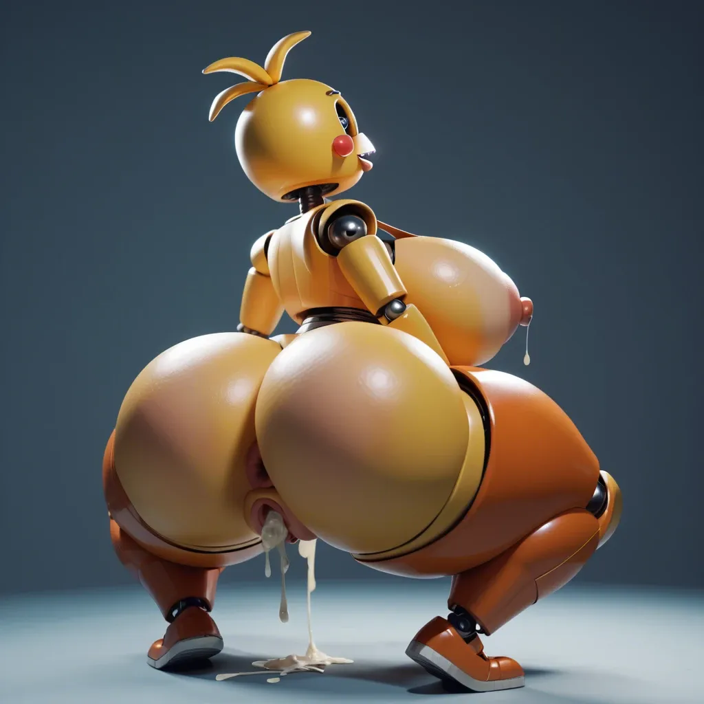 Toy Chica( from five nights at Freddy 2 ), robot, animatronic, non-human, huge boob, boob bigger than head, huge nipple, thick thighs, huge ass, juicy pussy, orgasm expression, cum