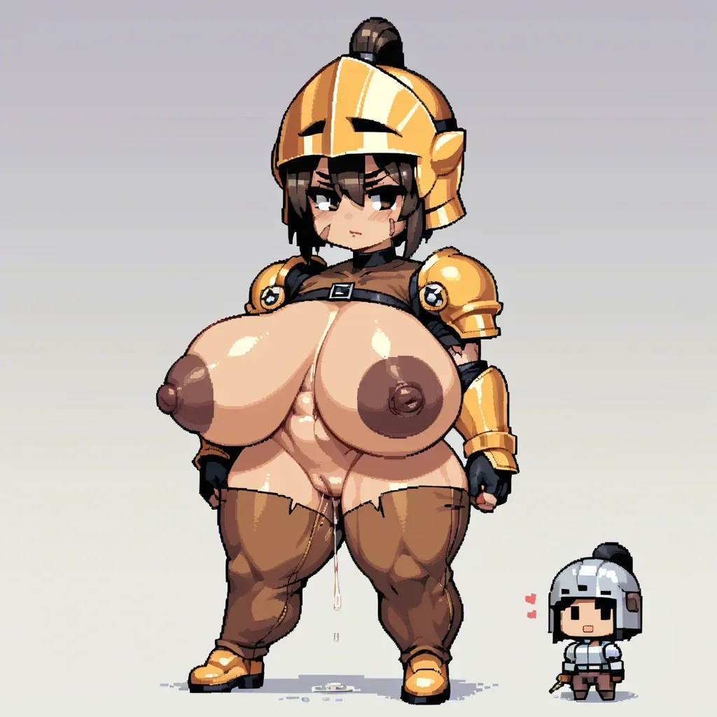 chibi pixel-art style, chibi knight girl in helmet, scars,abs,gigantic breasts,gigantic nipples,dark nipples,large ass and hips,gigantic pussy, brown pants, dripping pussy juice