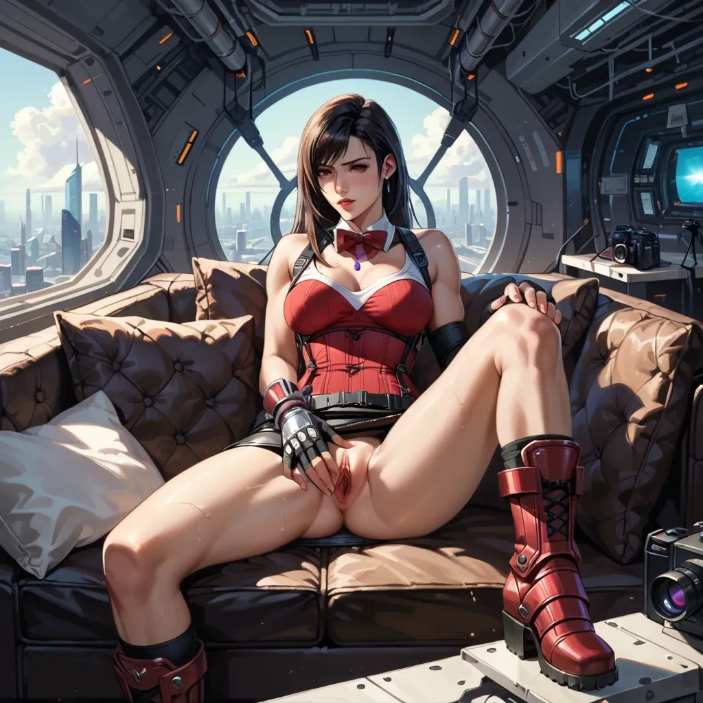 1girl,solo, , , , strong jaw,legs,medium breasts,hips grab,free shoulders, no skirt,purple necklace,red bowtie,red corset,armored boots, couch, airfield, spaceship, camera, painted, studio lighting, tifa lockhart, belle, waifu