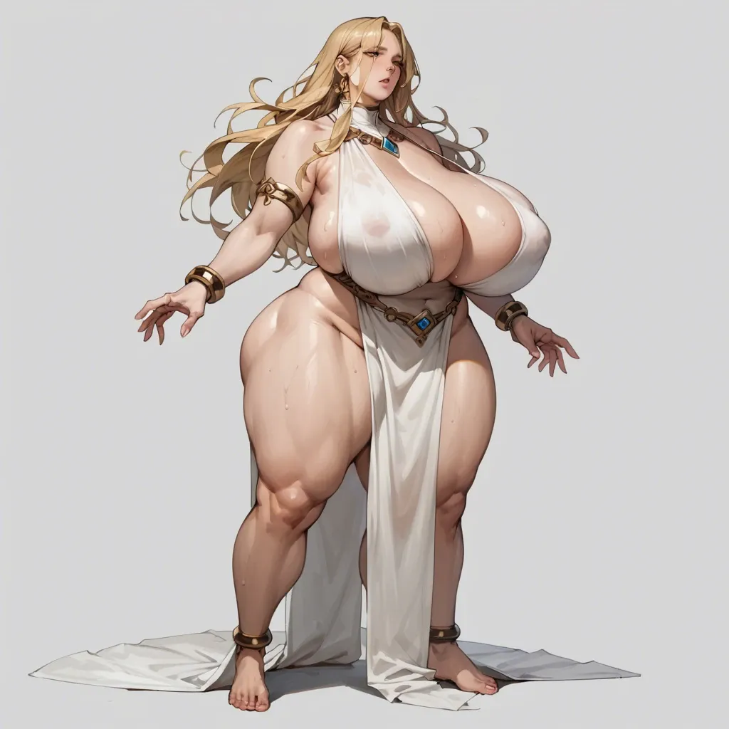 1girl,20 years, huge girl ,barefoot,long blonde hair, breasts, cleavage, fat, full body, gigantic breasts, grey background, long hair, pelvic curtain, solo, thick thighs, thighs, enormous ass, enormous boobs, enormous hips,large pregnant belly17, enormous pregnant belly,Close-up, Hands on the hips,