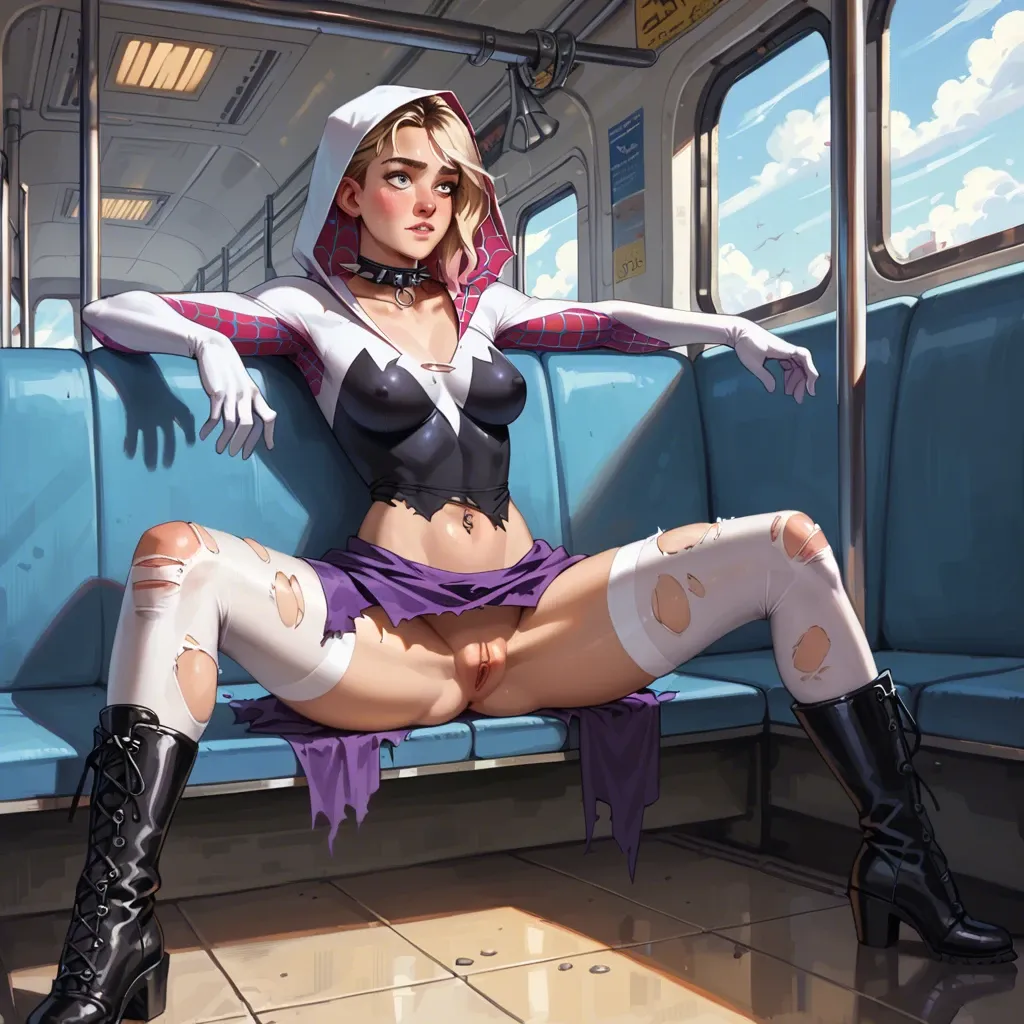 2girl, , , , rosy cheeks,feet on head,perky tits,navel piercing,collarbone, purple dress,white stockings,spiked collar,torn bodysuit,boots, bare midriff, train, medieval prison, spider-gwen, reinhardt