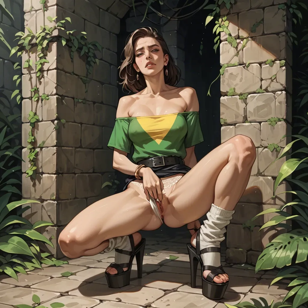 1girl,solo, , , , perfect nose,handjob behind,saggy boobs,boobs,free shoulders, pants pull,baggy socks,black belt,lace panties,platform heels, barbara, brazil jungle, dungeon, smartwatch, painted, bright day, 2 boys, waifu