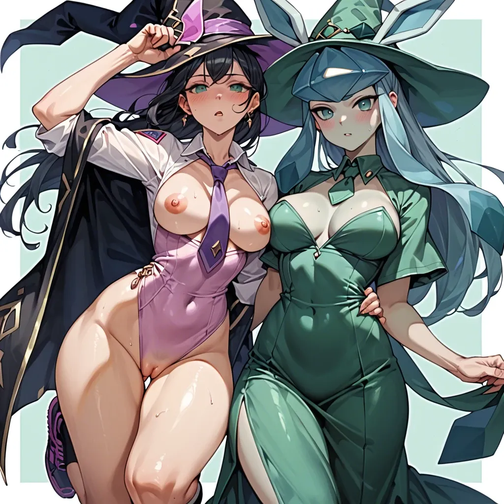 1girl,1boy, , , , cheek press,arm up,big boobs,narrow waist,shoulder tattoo, dark green gown,purple necklace,witch hat,pink leotard,running shoes, open uniform,glaceon,aqua necktie,highleg panties,no shoes, lifting shirt,palace,strings,one-piece,black boots, bedroom, restrained, castle exterior, european, lara croft, wonder woman, rapunzel waifu