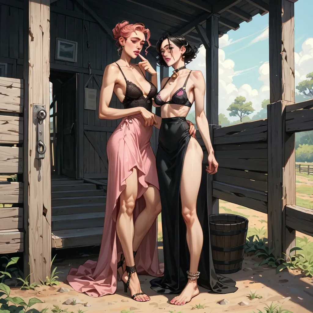 2girl, , , , long eyelashes,correct hands,saggy breast,slim hips,thin ankles, pink lipstick,toes,big perky boobs,farm background,neck bell, cocktail dress,black lace bra,beaded jewelry,hand on panties,ballet shoes, sit on a couch, city, spaceship, phone exposure, lara croft, anna, dynamic pov