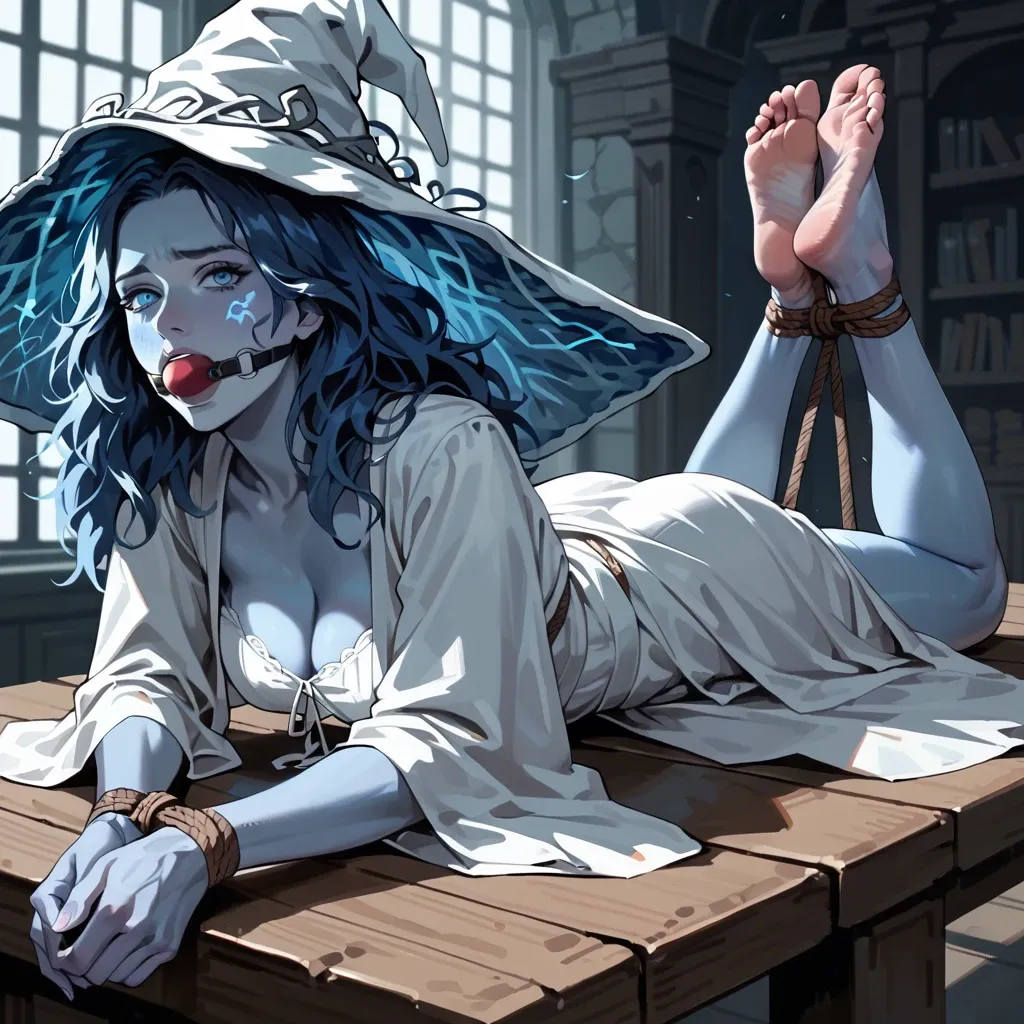 Ranni the witch, arrogant expression, white dress, hat, blue skin, blue hair, blue feet, rope hogtied, ball gagged, lying on stomach, hands behind the back, wrists tied to ankles, barefoot, soles focus