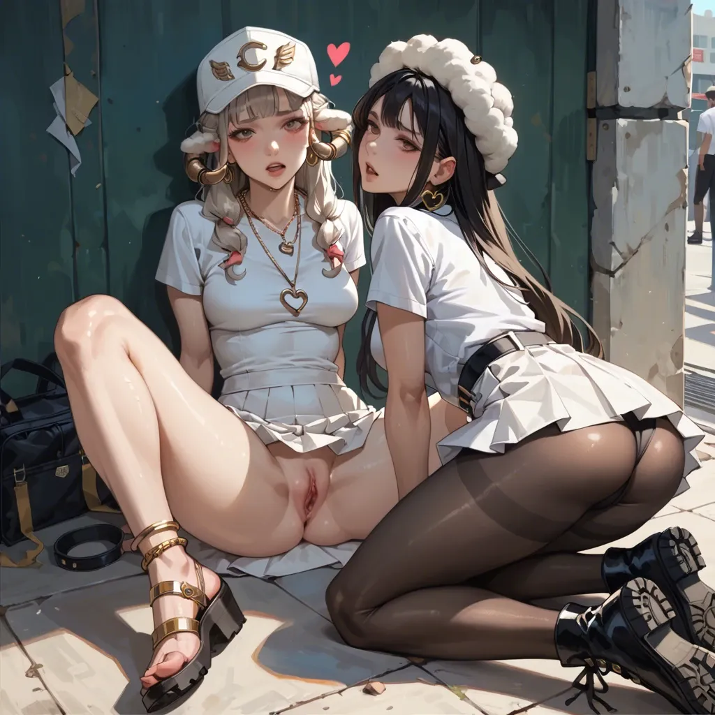 2girl, , , , balls on nose,college girl,round boobs,bar background,heart necklace, white skirt,gold anklets,metal rings,swimsuit,black boots, white t-shirt,black pantyhose,wool hat,bodysuit,white boots, pine forest, castle, desk, detailed photo, lowlight, mario, jasmine