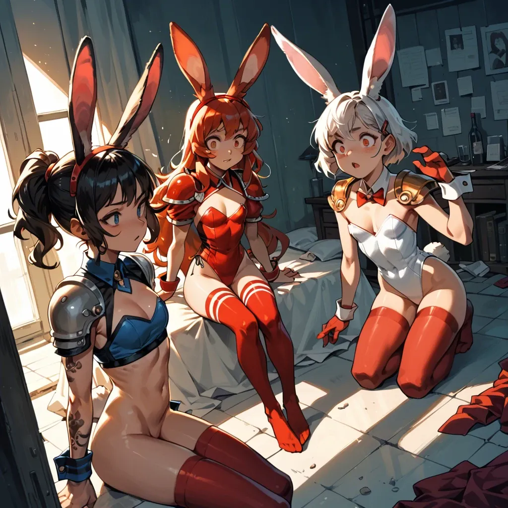 2girl, , , , group watching,4 fingers,perky boobs,rabbit ears,shoulder pads, dimples,red thighhighs,flat chest,backlighting,shoulder tattoo, rolled eyes,wrist cuffs,cleavage cutout,high waisted,bare shoulder, black crop top,palace,earrings,frilled bra,white sneakers, no pants,anklets,collared,bodysuit,high heels, showering, castle, samus