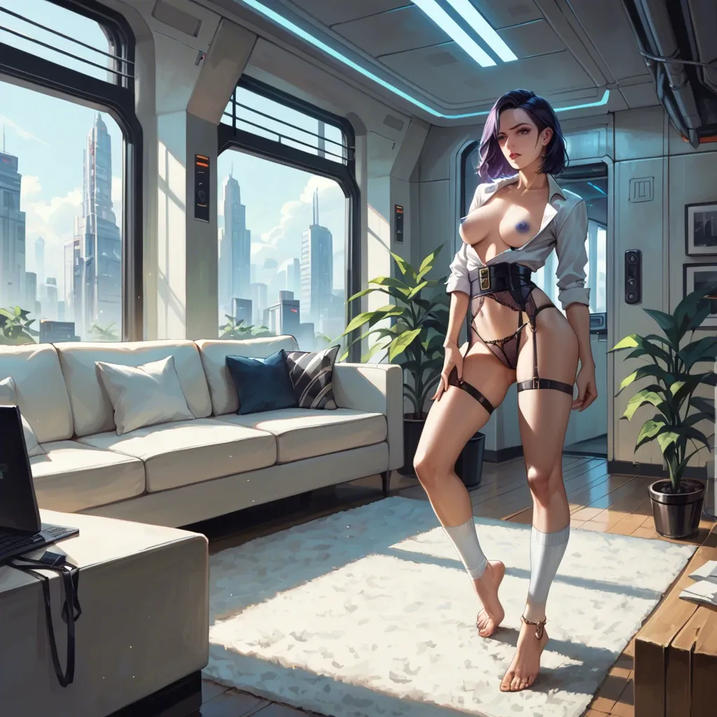 2girl, , , , purple eyes,5 toes,blue nipples,clenched waist,gold anklets, formal shirt,white socks,suspender belt,sexy lingerie,no shoes, living room, on the street, spaceship, robot girl, ultra realistic, bright eyes, linked, elsa hair, waifu