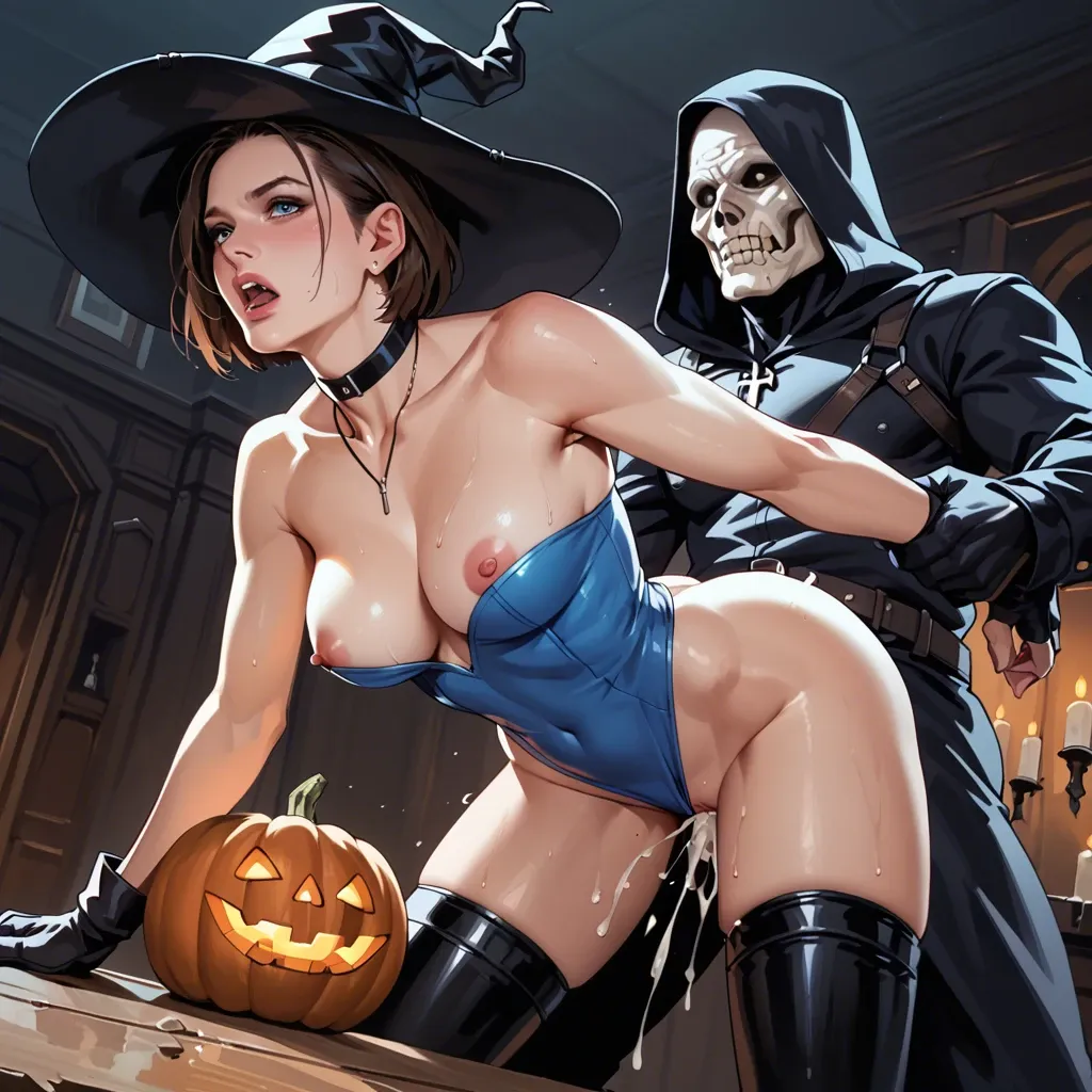 Jill valentine in the witch suit fucked from behind sex in Halloween costumes sex in the Halloween room vaginal witch suit penetration cum inside