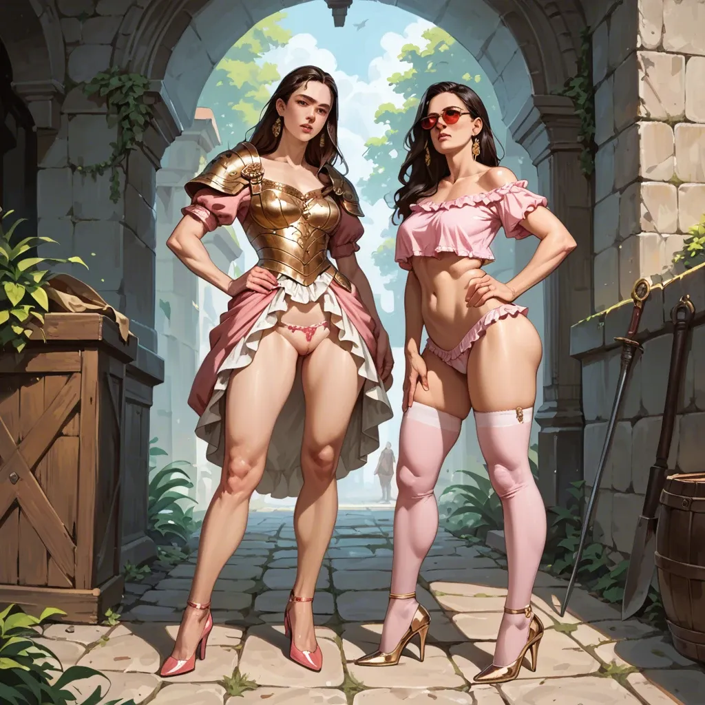 2girl, , , , thin nose,gold armor,saggy boobs,grabbing hips,shoulders, medieval dress,pink stockings,big earrings,frilled bikini,stiletto heels, plain t-shirt,socks,red sunglasses,panties aside,no shoes, wedding dress,lace trim,green collar,pulled bra,black sneakers, bedroom eyes, beach, spaceship, android 18, linked collars, anna and elsa