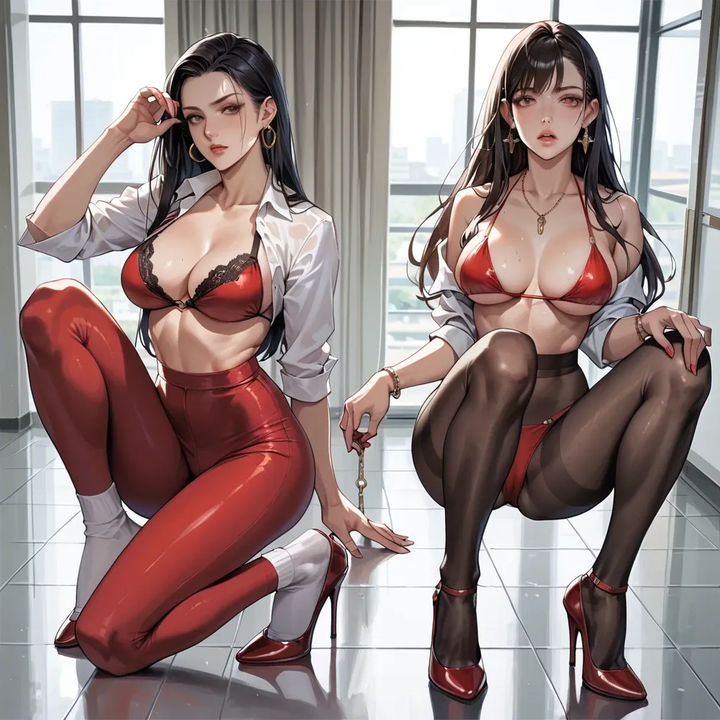 2girl, , , , group watching,showing feet,round breasts,bent at waist,one knee up, school uniform,white socks,legs tied,bikini up,stiletto heels, red tight pants,black pantyhose,big earrings,sexy lingerie,no shoes, bathroom, castle exterior, robot joints, illustration, dark green gown, ariel waifu