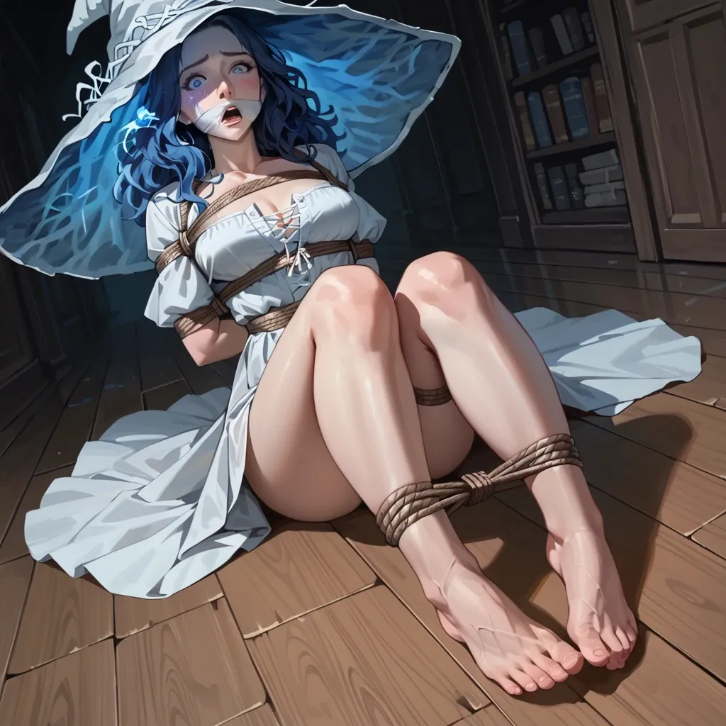 Ranni the Witch, blue skin, blue hair, shocked expression, floor-length white dress, rope bondage, cloth gagged, hands behind the back, thighs bound, legs bound, ankles bound, barefoot, feet focus