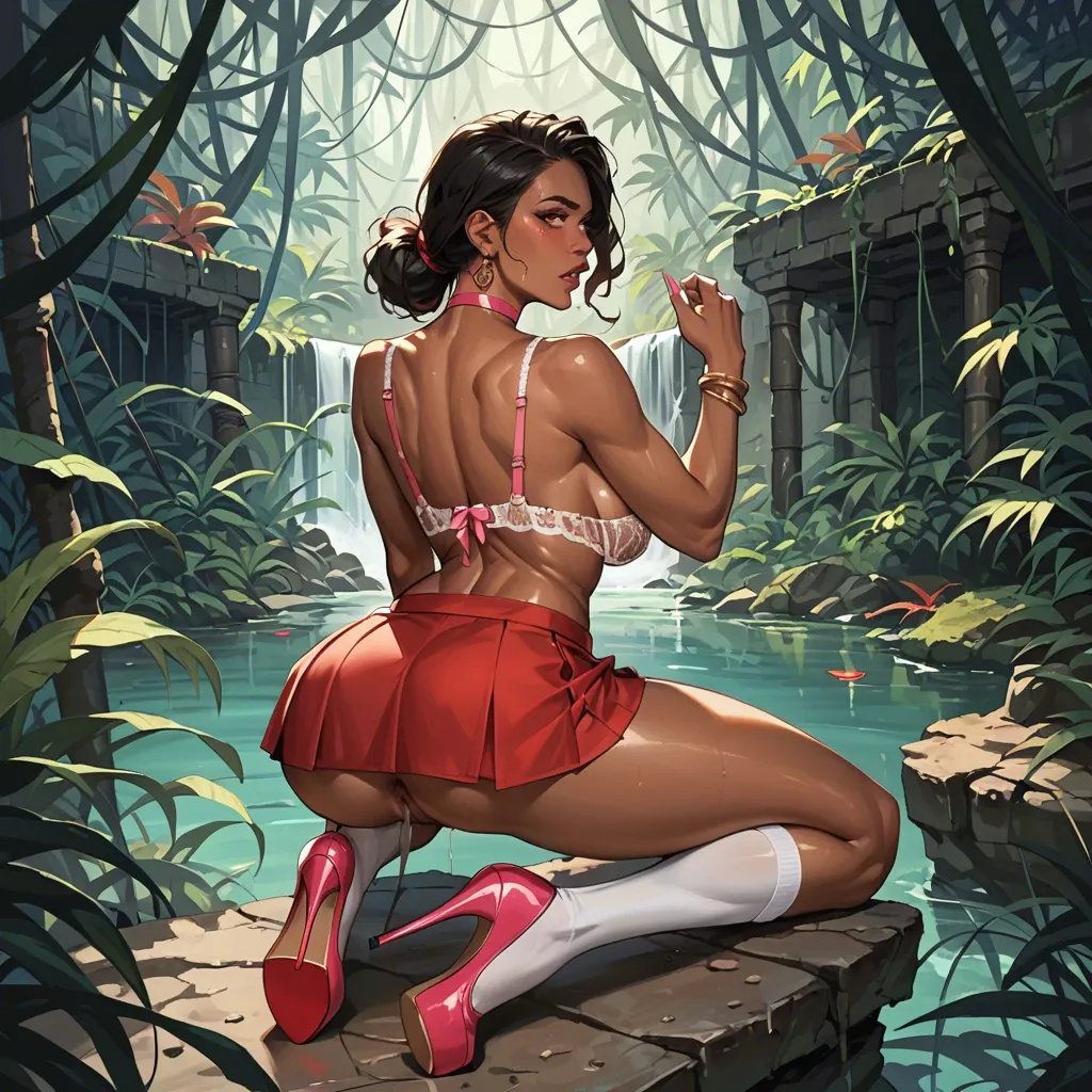 2girl, , , , dimples,five toes,big nipples,backboob,dark-skinned, red skirt,white socks,pink choker,lace bra,stiletto heels, bare, in jungle, dungeon, robot eyes, painted nails, dark alleyway, linked, rapunzel waifu