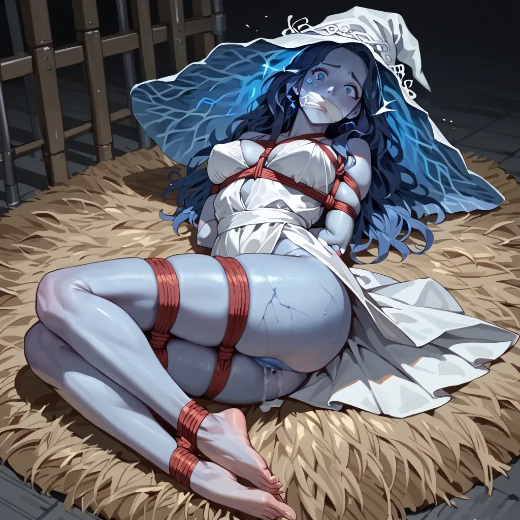 Ranni the Witch, blue skin, blue hair, shocked expression, white dress, rope bondage, cloth gagged, hands behind the back, thighs bound, legs bound, ankles bound, barefoot, feet focus