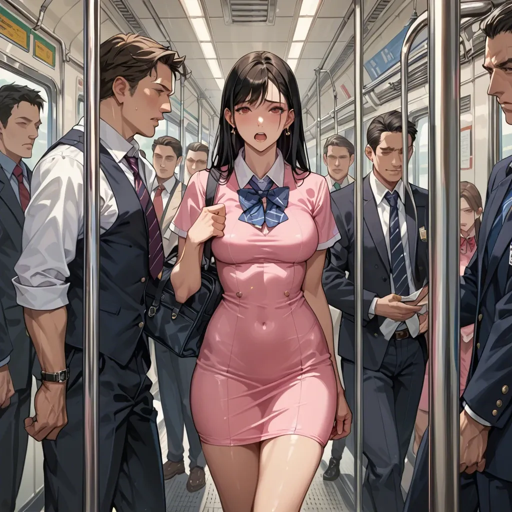 Sexy girl in a tight dress, behind, pink dress, young, busy train, secret, moleste, school uniform, lots of people