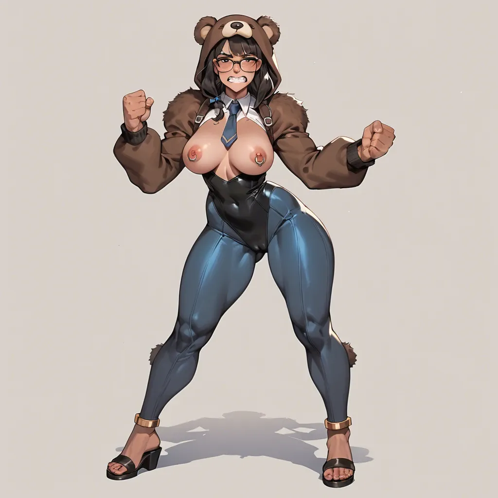 1girl,1boy, , , , clenching teeth,perfect hands,wide areola,slim waist,dark skin, rosy cheeks,camel toe,nipple piercing,wide hips,necktie, bear costume,anklets,glasses,bodysuit,sandals, royal bedroom, cyberpunk, android, source cartoon, bright-lit, tifa lockhart, wonder woman, dynamic view