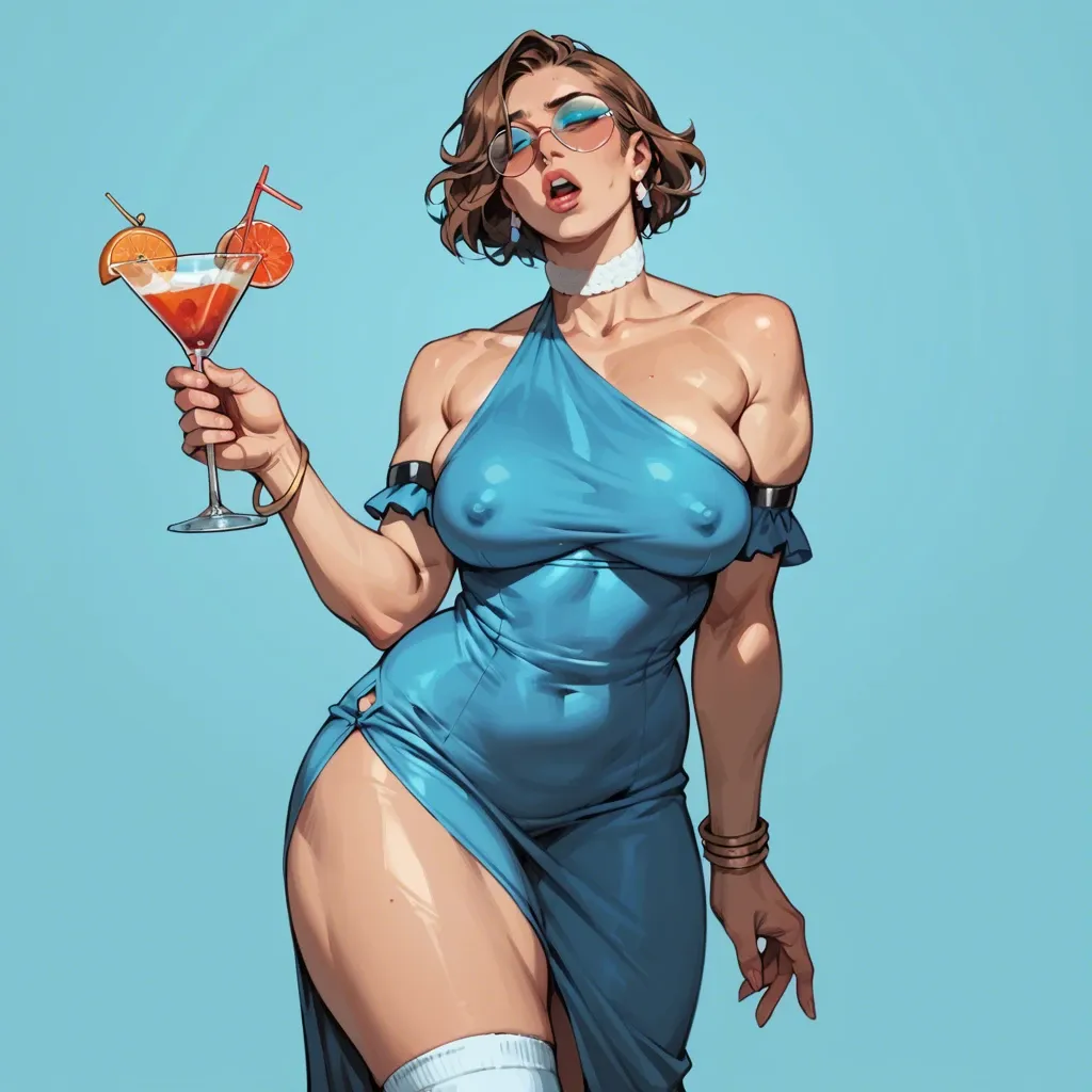 1girl,solo, , , , twitching,thick thighs,areolas,squeezing pecs,fat neck, finger on lips,armband,big tits,blue background,bare shoulder, cocktail dress,white socks,opaque glasses,lace thong,boots, couch, dark forest, castle, couch, lara croft, wonder woman, asuka langley