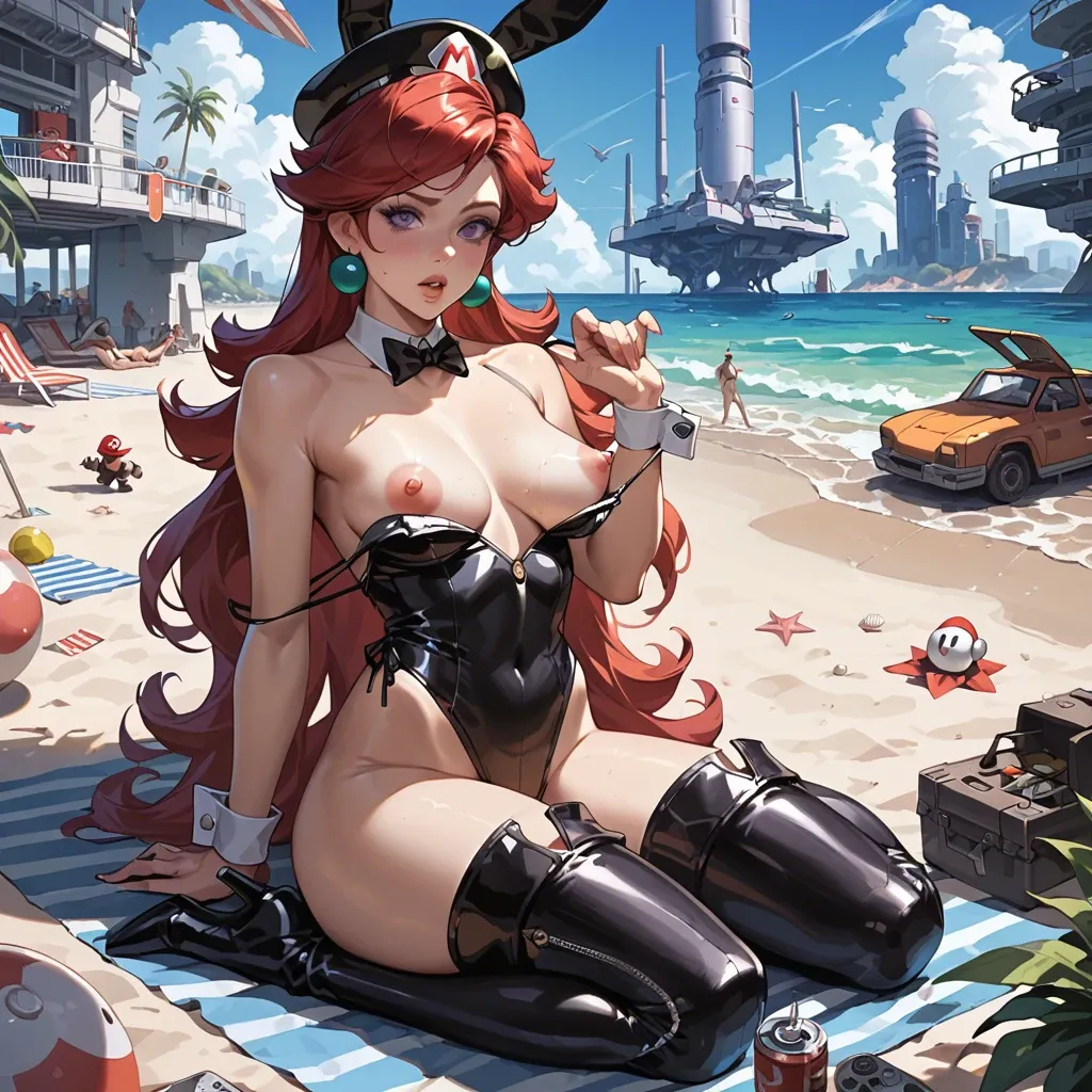 1girl,1boy, , , , purple eyes,nice feet,thick nipples,large hips,buried knees, bunny costume,knee socks,military hat,bikini pull,thigh boots, bedroom, on beach, spaceship, cyborg, mario, ariel, waifu